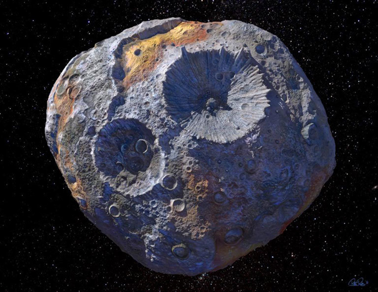 Image of the asteroid Psyche showing two large craters