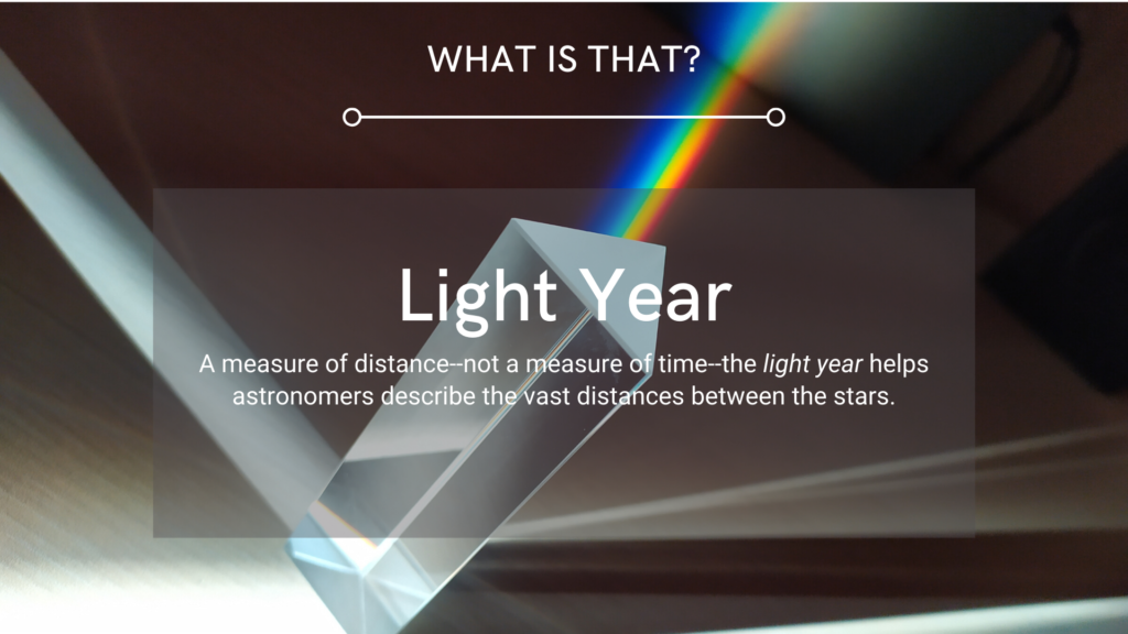 Image: Prism refracting white light into a rainbow. Text: LIGHT YEAR--A measure of distance--not a measure of time--the light year helps astronomers describe the vast distances between the stars.